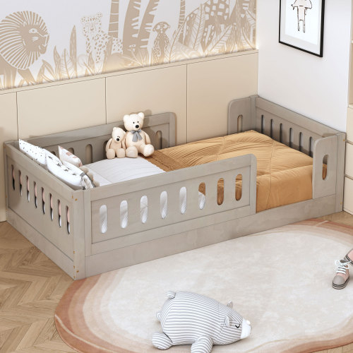 Wood Twin Size Platform Bed with Guardrail, Natural - Solid Wood+MDF - Bed Frame - Box Spring Not Required