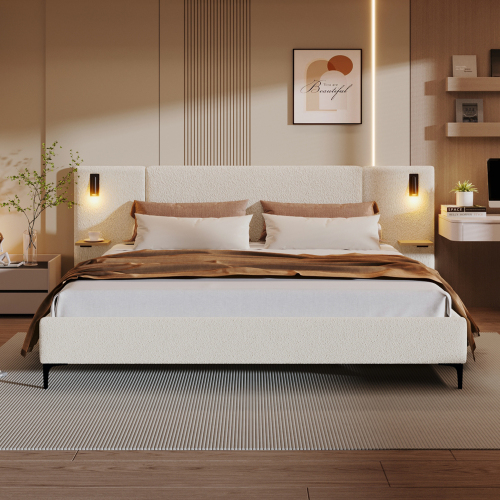 Chic Boucle Upholstered Bed with Integrated Lights and Shelves, White, King - Box Spring Not Required - Not Specified - Not Specified - Not Specified