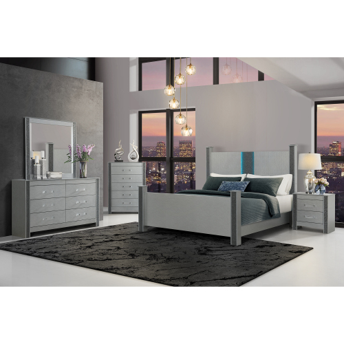LORENZO SILVER 5PC KING BEDROOM SET - Solid Wood+MDF - Solid Wood+MDF - Contemporary - Rubberwood - Solid Wood - Not Specified - Not Specified - Not Specified - Not Specified - Not Specified - Box Spring Required - Bed Included,Chest Included,Dresser Included,Mirror Included,Nightstand Included - 5 Piece Set - Built-in Lighting