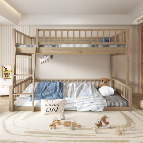 Full XL over Queen Bunk Bed with Ladder and Guardrails, Walnut - Solid Wood+MDF - Box Spring Not Required - Wood