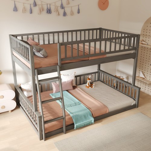 Full XL over Queen Bunk Bed with Ladder and Guardrails, Gray - Solid Wood+MDF - Box Spring Not Required - Wood
