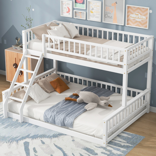 Twin XL over Queen Bunk Bed with Ladder and Guardrails, White - Solid Wood+MDF - Box Spring Not Required - Wood