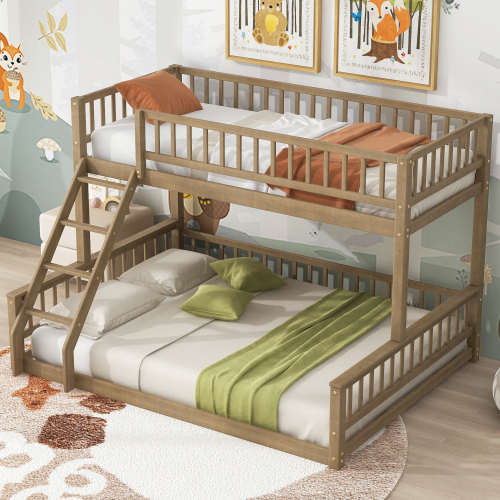 Twin XL over Queen Bunk Bed with Ladder and Guardrails, Walnut - Solid Wood+MDF - Box Spring Not Required - Wood