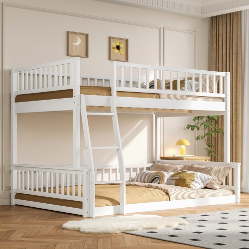 Full XL over Queen Bunk Bed with Ladder and Guardrails, White - Solid Wood+MDF - Box Spring Not Required - Wood