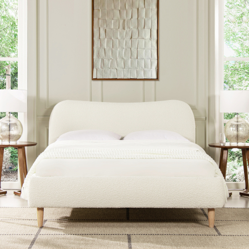 Roman Curved Headboard Upholstered Platform Bed, Queen, Ivory White Boucle - Foam - Box Spring Not Required - Wood