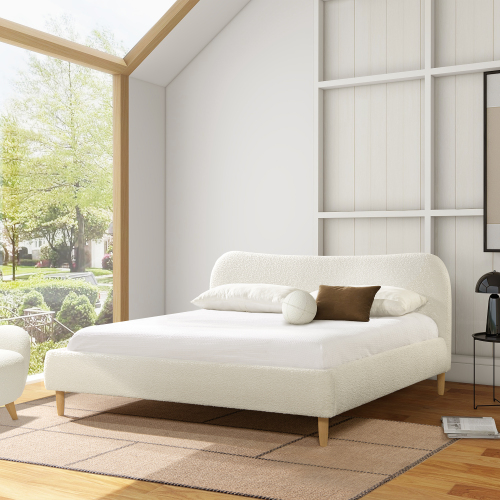 Roman Curved Headboard Upholstered Platform Bed, King, Ivory White Boucle - Foam - Box Spring Not Required - Wood