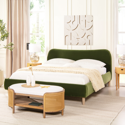Roman Curved Headboard Upholstered Platform Bed, King, Olive Green Performance Velvet - Foam - Box Spring Not Required - Wood