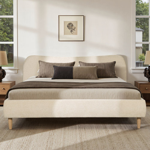Roman Curved Headboard Upholstered Platform Bed, King, Oatmeal Light Beige Chenille - Foam - Not Specified - Not Specified - Not Specified - Not Specified - Not Specified