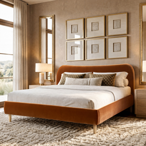 Roman Curved Headboard Upholstered Platform Bed, King, Burnt Orange Performance Velvet - Foam - Box Spring Not Required - Wood - Not Specified