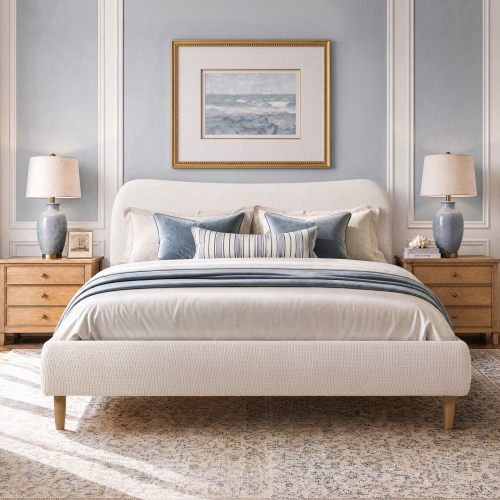 Roman Curved Headboard Upholstered Platform Bed, King, Stone Light Beige Chenille - Foam - Not Specified - Not Specified - Not Specified - Not Specified - Not Specified