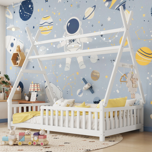 Twin House Bed with Light, Low Floor House Bed with Fence and Roof for Kids Boys Girls,White(Expect arrive date 2025/7/20) - Pine - Pine