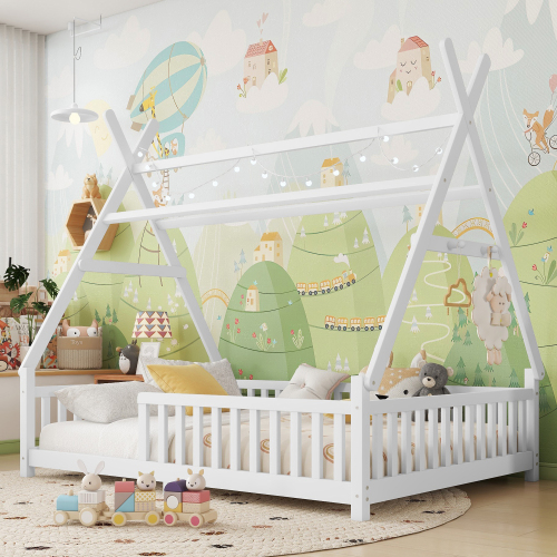 Full House Bed with Light, Low Floor House Bed with Fence and Roof for Kids Boys Girls,White(Expect arrive date 2025/7/20) - Pine - Pine