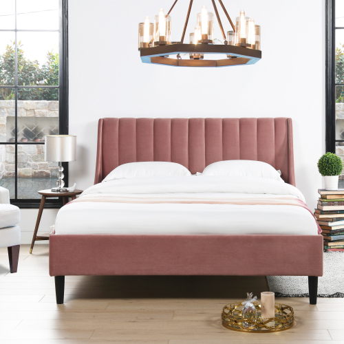 Aspen Vertical Tufted Headboard Platform Bed Set, Queen, Ash Rose Pink Velvet - Foam - Box Spring Not Required - Wood