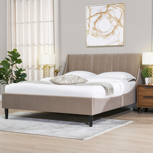 Aspen Vertical Tufted Modern Headboard Platform Bed Set, Queen, Mink Beige Performance Velvet - Foam - Not Specified - Wood