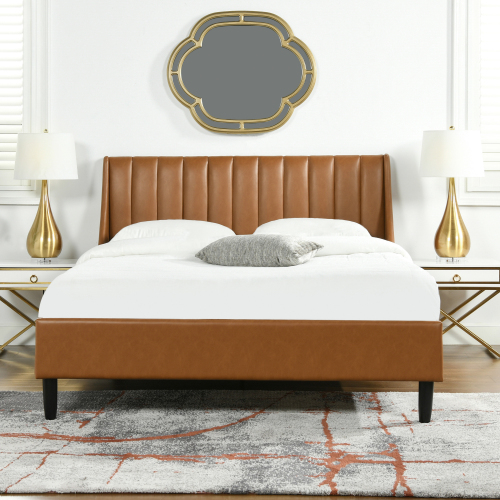 Aspen Vertical Tufted Modern Headboard Platform Bed Set, Queen, Caramel Tan Brown Faux Leather - Foam - Box Spring Not Required - Wood