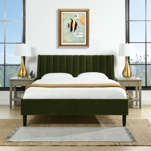 Aspen Vertical Tufted Modern Headboard Platform Bed Set, Queen, Olive Green Performance Velvet - Foam - Box Spring Not Required - Wood