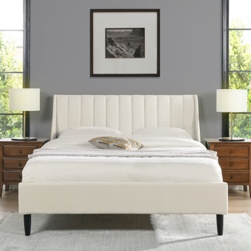 Aspen Vertical Tufted Modern Headboard Platform Bed Set, Queen, Cloud White Performance Velvet - Foam - Box Spring Not Required - Wood