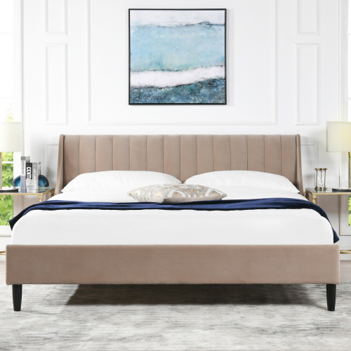 Aspen Vertical Tufted Headboard Platform Bed Set, King, Mink Beige Performance Velvet - Foam - Box Spring Not Required - Wood
