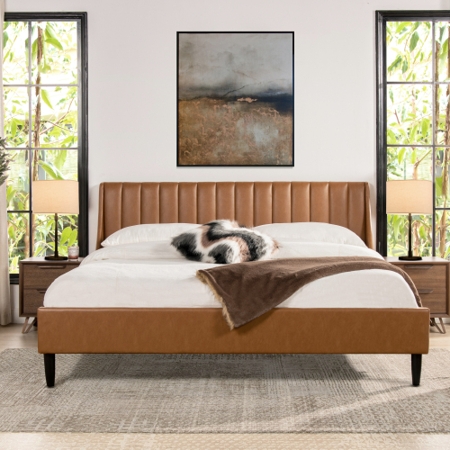 Aspen Vertical Tufted Headboard Platform Bed Set, King, Caramel Tan Brown Faux Leather - Foam - Box Spring Not Required - Wood