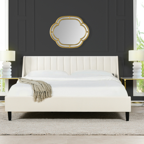 Aspen Vertical Tufted Headboard Platform Bed Set, King, Cloud White Performance Velvet - Foam - Box Spring Not Required - Wood