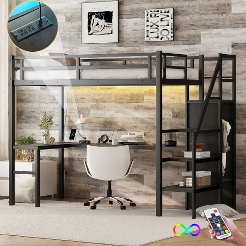 Twin XL Size Loft Bed with L-shaped Desk and USB, Metal Loft Bed with Wardrobe and Adjustable Shelf, High Loft Bed with LED for Kids Teens Adults, Black - Not Specified