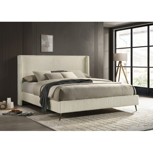 Mavela Wide Wale Corduroy Upholstery Panel King Bed, Cream - MDF+LVL,Upholstered - Upholstered - Contemporary,Modern - Bedroom - Box Spring Required - Rubberwood - Light Brown - Wood