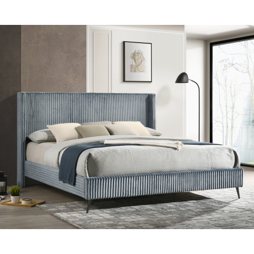 Mavela Wide Wale Corduroy Upholstery Panel King Bed, Blue - MDF+LVL,Upholstered - Upholstered - Contemporary,Modern - Bedroom - Box Spring Required - Rubberwood - Light Brown - Wood