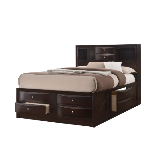 1pc Contemporary Queen Captain's Platform Bed Bookcase Shelves Headboard Side Storage Solid Wood Wooden Bedroom Furniture Cherry Finish