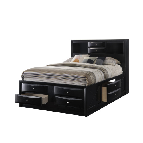 1pc Contemporary Queen Captain's Platform Bed Bookcase Shelves Headboard Side Storage Solid Wood Wooden Bedroom Furniture Black Finish