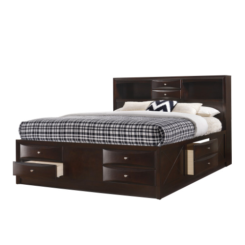 1pc Contemporary King Captain's Platform Bed Bookcase Shelves Headboard Side Storage Solid Wood Wooden Bedroom Furniture Cherry Finish
