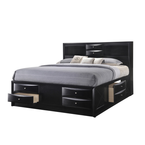 1pc Contemporary King Captain's Platform Bed Bookcase Shelves Headboard Side Storage Solid Wood Wooden Bedroom Furniture Black Finish