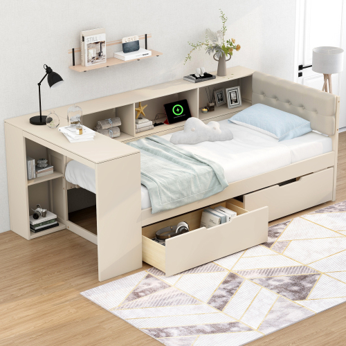 Wood Twin Size Platform Bed with Storage Shelves, Drawers, Charging Station and Upholstered Headboard, Cream - Solid Wood+MDF - Box Spring Not Required - Not Specified