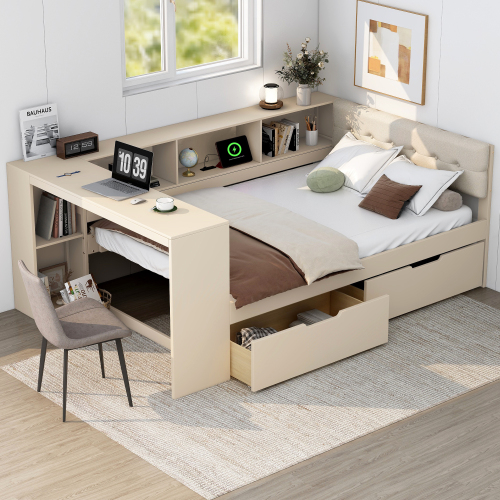 Wood Full Size Platform Bed with Storage Shelves, Drawers, Charging Station and Upholstered Headboard, Cream - Solid Wood+MDF - Box Spring Not Required - Not Specified