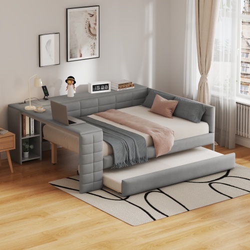 Full Size Upholstered Platform Bed with Storage Shelves, Desk, Charging Station and Trundle, Gray - Box Spring Not Required - Wood - Velvet