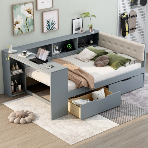 Wood Full Size Platform Bed with Storage Shelves, Drawers, Charging Station and Upholstered Headboard, Gray - Solid Wood+MDF - Not Specified - Not Specified - Not Specified - Not Specified - Not Specified