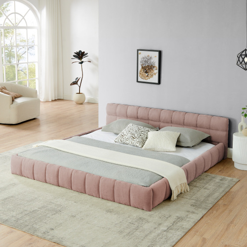King size Upholstered Bed Frame with Thick Fabric, Chenille Fabric Grounded Queen Size Platform Bed with Headboard and Solid Frame. No Box Spring Needed-Pink(88.5''*85.5''*24'') - Foam - Foam