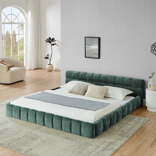 King size Upholstered Bed Frame with Thick Fabric, Chenille Fabric Grounded King Size Platform Bed with Headboard and Solid Frame. No Box Spring Needed-green(88.5''*85.5''*24'') - Blue+Green - Foam - Foam