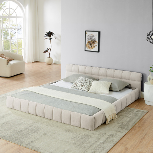 King size Upholstered Bed Frame with Thick Fabric, Chenille Fabric Grounded King Size Platform Bed with Headboard and Solid Frame. No Box Spring Needed-Beige(88.5''*85.5''*24'') - Foam - Not Specified - Not Specified - Not Specified