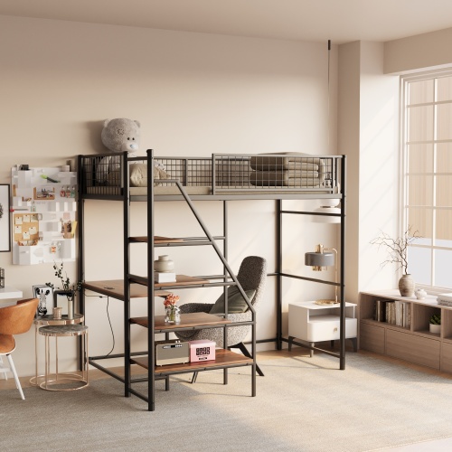 Twin sized loft metal bed with black for bedroom and dormitory, with built-in charging station and LED lighting - Metal & Wood - Metal & Wood - Bunk - Box Spring Not Required - Engineered Hardwood - Brown