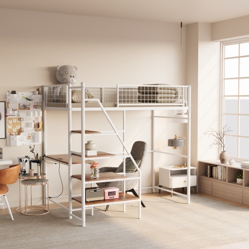 Twin sized loft metal bed with white for bedroom and dormitory, with built-in charging station and LED lighting - Metal & Wood - Metal & Wood - Bunk - Box Spring Not Required - Engineered Hardwood - Brown