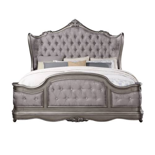Ariadne Velvet & Antique Platinum Finish E. King Bed - Antique Silver - Synthetic Wood