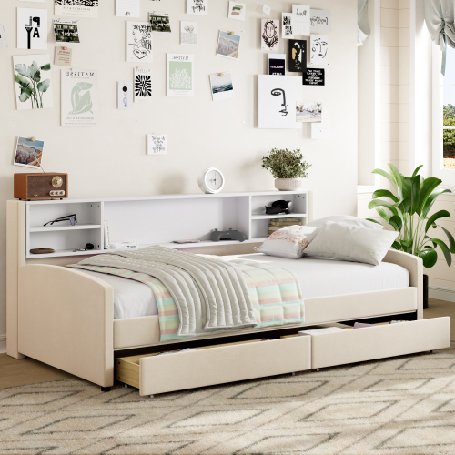 Twin size Upholstered Platform Bed with Storage and Drawers, Beige - Velvet