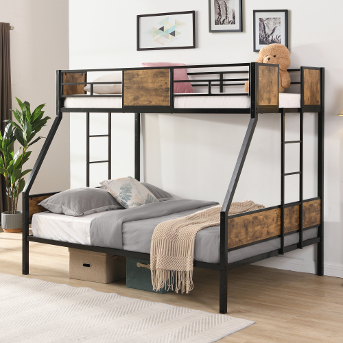Twin Over FULL Metal Bunk Bed with 2 - Side Ladder and Full-Length Guardrail, No Box Spring Needed, Large Under Bed Storage, Easy Assemble , Black & Brown - MDF+Metal