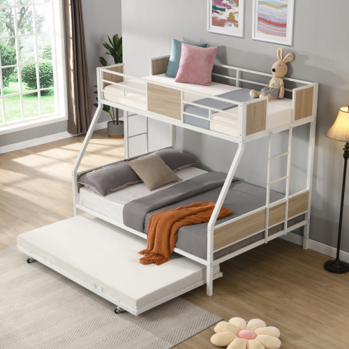 Twin Over FULL Metal Bunk Bed with Trundle 2 - Side Ladder and Full-Length Guardrail, No Box Spring Needed, Large Under Bed Storage, Easy Assemble - MDF+Metal