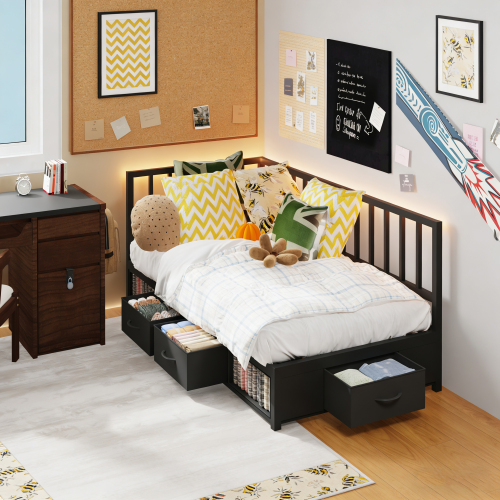 Corner Bed Frame Twin Daybed with Storage Drawers, Metal Platform Bed Frame with LED Light, Black - MDF+Metal