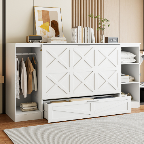 Twin Size Murphy Bed with Bedside Shelves and Wardrobe, White - Solid Wood+MDF