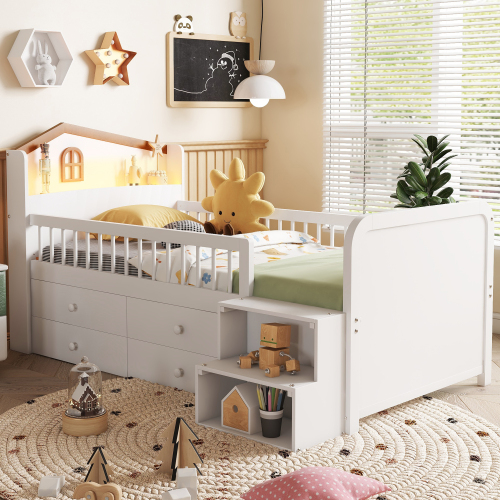 Low Loft Bed with LED Lights, Wooden Twin Loft Bed with House Shape Headboard, Kids Loft Bed with Storage Drawers, White (Expect Arrival Date 2025/1/20) - Pine