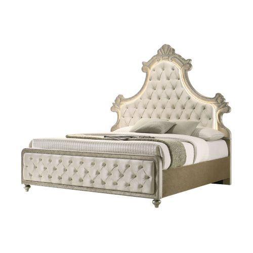 Lucienne Beige Velvet EK Bed W/Led - Upholstered - Synthetic Wood,Upholstered