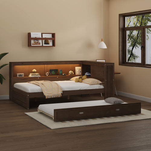 Full Size Wood Daybed with Storage Shelves, USB, LED, and Trundle, Antique Wood Color - Solid Wood+MDF - Box Spring Not Required - Not Specified