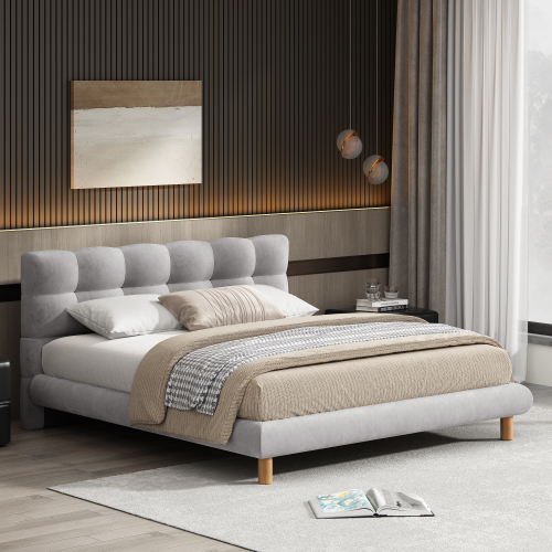 Full Size Upholstered Platform Bed Frame with Cookie-Shaped Headboard, Easy Assembly, soft and comfortable,Grey - Chenille - Bedroom - Rubberwood - Light Brown - Chenille - Wood